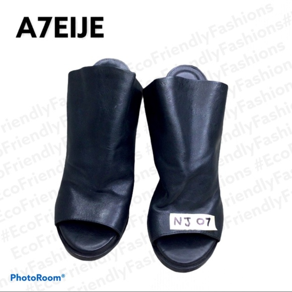 A7EIJE Black Selma Peep Toe Heel Mules Sz 6.5